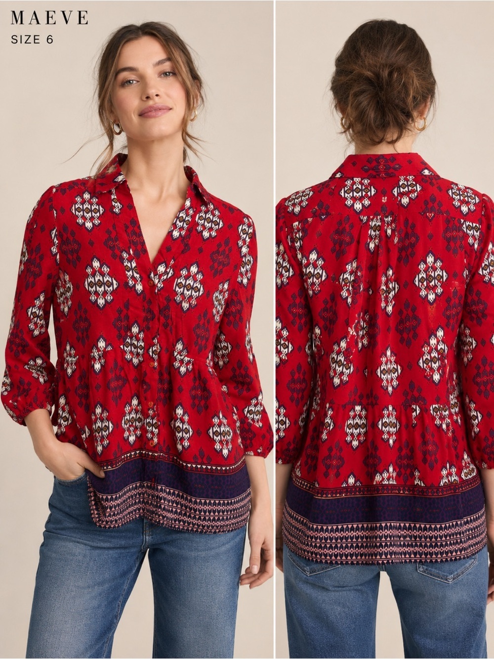 Maeve Red Boho Tribal Print Button Front Blouse Top Size 6